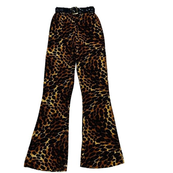 10/25🦋 Leopard Print Fuzzy Flare Costume Pants w/Black Sequin Waistband - Medium - Picture 9 of 15